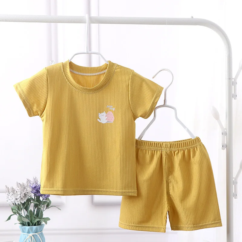 Conjunto de roupas de verão de seda gelo infantil, roupa infantil, tops e calças bebê menino, terno de pijama infantil, 1-7 anos, 2 peças, A1070