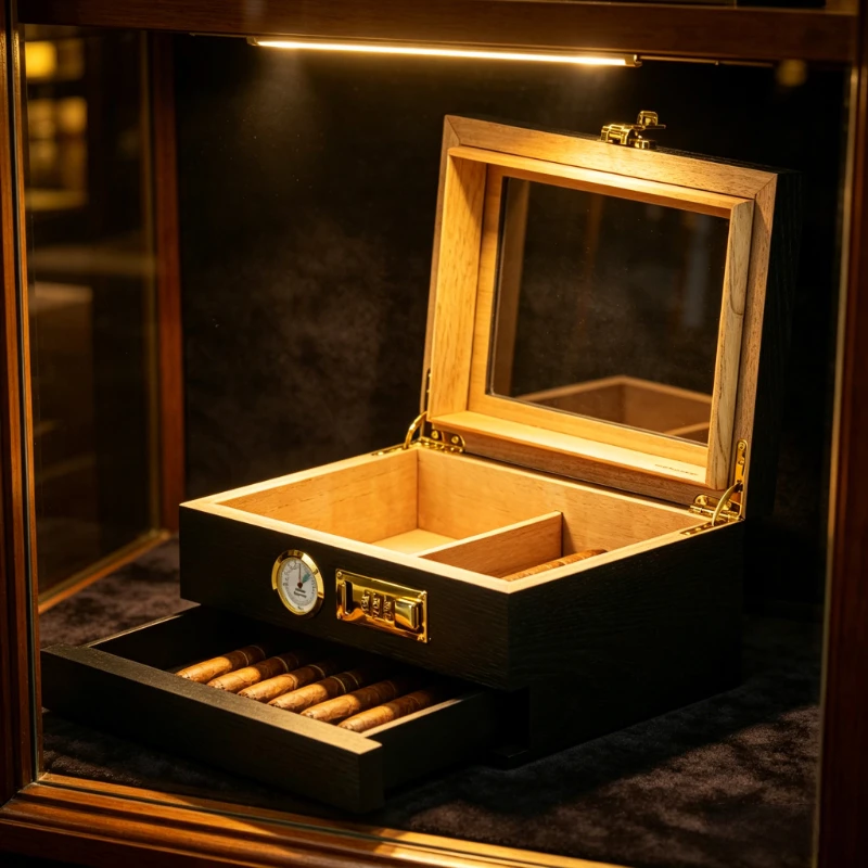 Customizable Cigar Humidor Box with Password Lock Holds About 30 Cigars Built-in Humidity Control