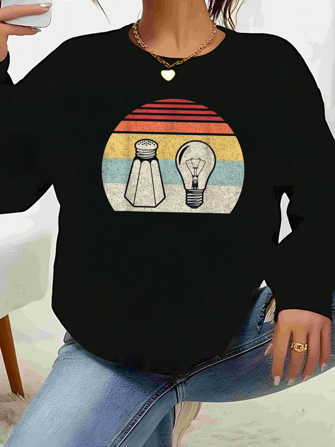 

Футболка с длинными рукавами и принтом «Солна и лампочка» в стиле ретро, повседневная одежда, женская мода