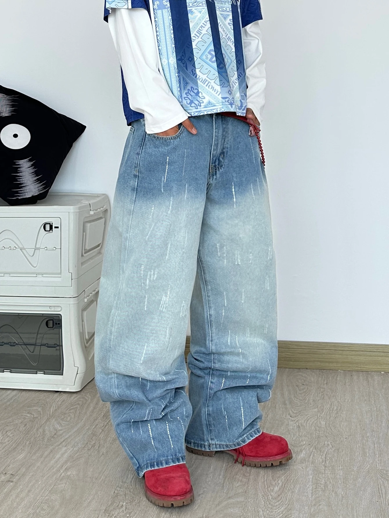 Men's Minimalist Y2K Wide-Leg Jeans, Retro Washed Distressed Baggy Loose-Fitting Trousers With Rhinestone Embellishments For Men