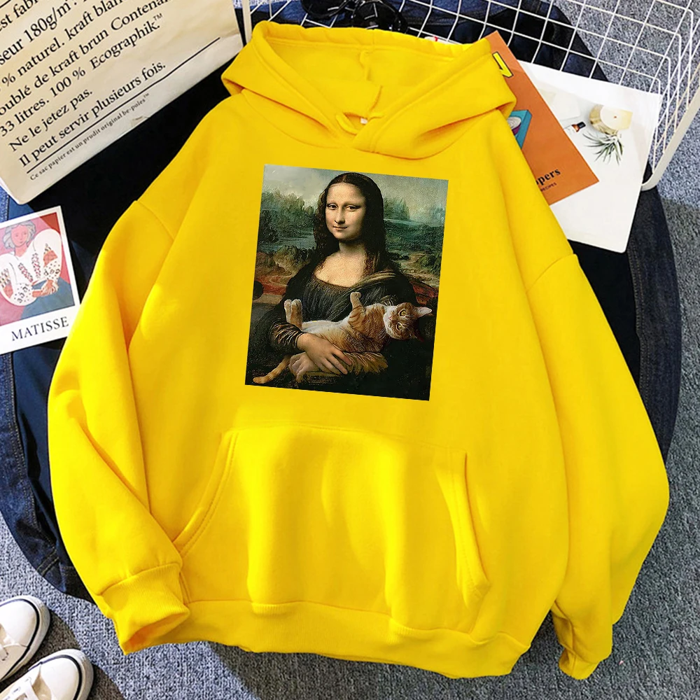 T Shirts Mona Lisa Hugging Cat Kawaii Women Hoodies Cartoon Pocket Pullover Oversize Loose Sweatshirt Fleece Soft Hoodie Woman