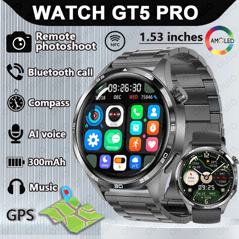 

2025 Новые Смарт-часы GT5 Pro для мужчин 1,53-дюймовые NFC GPS-позиционирование 300 мАч Bluetooth Вызов AI Голос Водонепроницаемые Смарт-часы с пульсометром