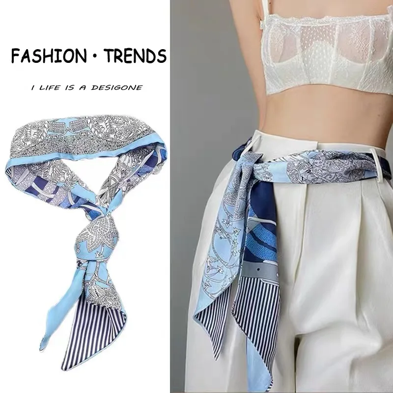

Fashion Blue Print Silk Scarf Women Soft Satin Horse Hairband Bevel Neckerchief Office Hijab Headband Foulard Bag Ribbons Gift