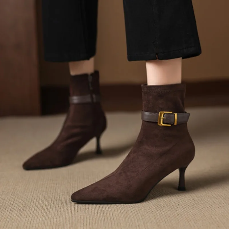 

2026 INS New Autumn Winter Women Ankle Boots 34-39 Stretch Flannel Buckle Pointed Toe Modern Boots Side Zip Heel Short Boots