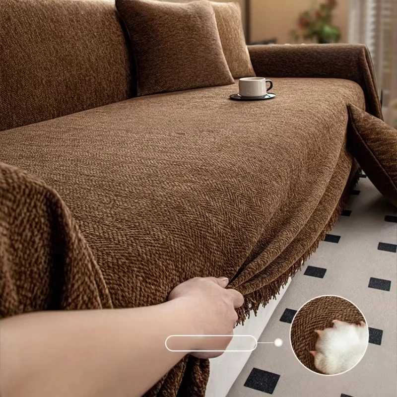 Herringbone Pattern Chenille Solid Color Sofa Towel, Sofa Cover Tassels Edge Blanket Home Decoration Leisure Relax Beach Towel