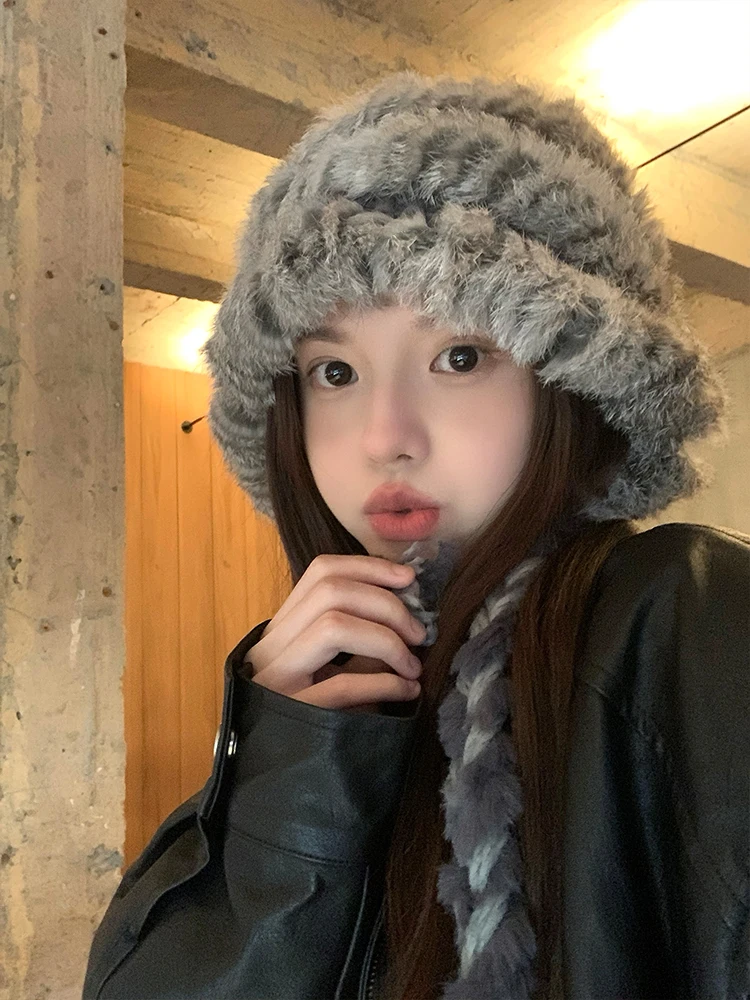 Thickened Handmade Rabbit Fur Mixed Knitted Hat Women's Autumn Winter Warm Ear Protection Head Wrap Grey Travel Cap