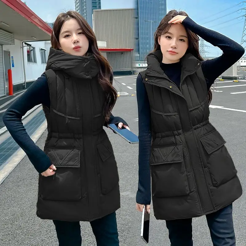 Autumn Winter New High Quality Medium Long Down Cotton Vest 2026 Women's Casual All-match Warm Waist Sleeveless Waistcoat Female