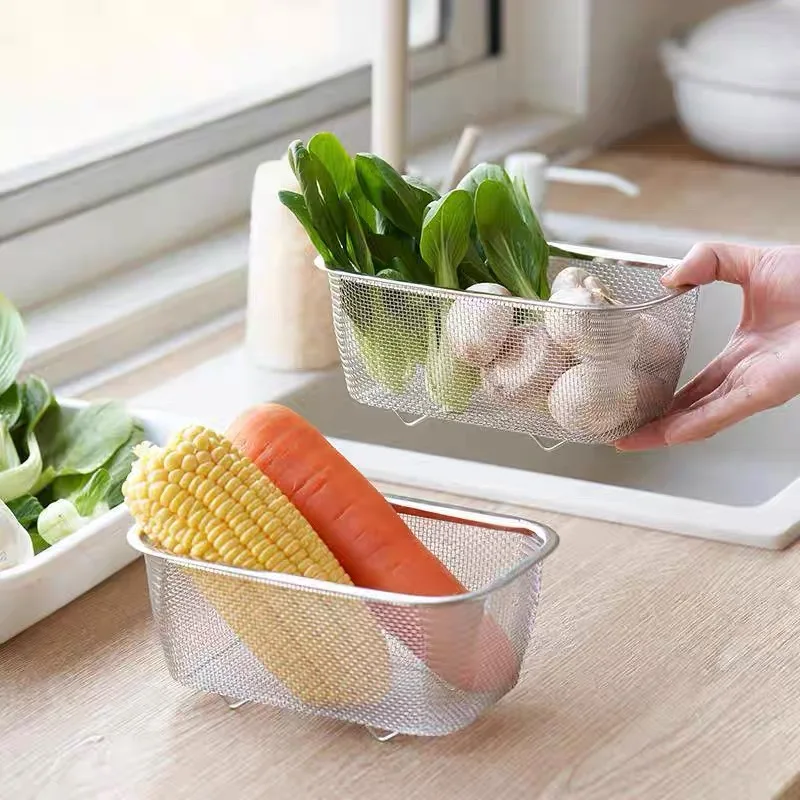 Kitchen Sink Strainer Basket for Residue, Washing Vegetables and Fruits, Rectangular Stainless Steel Multifunctional Household Water Filter Basin