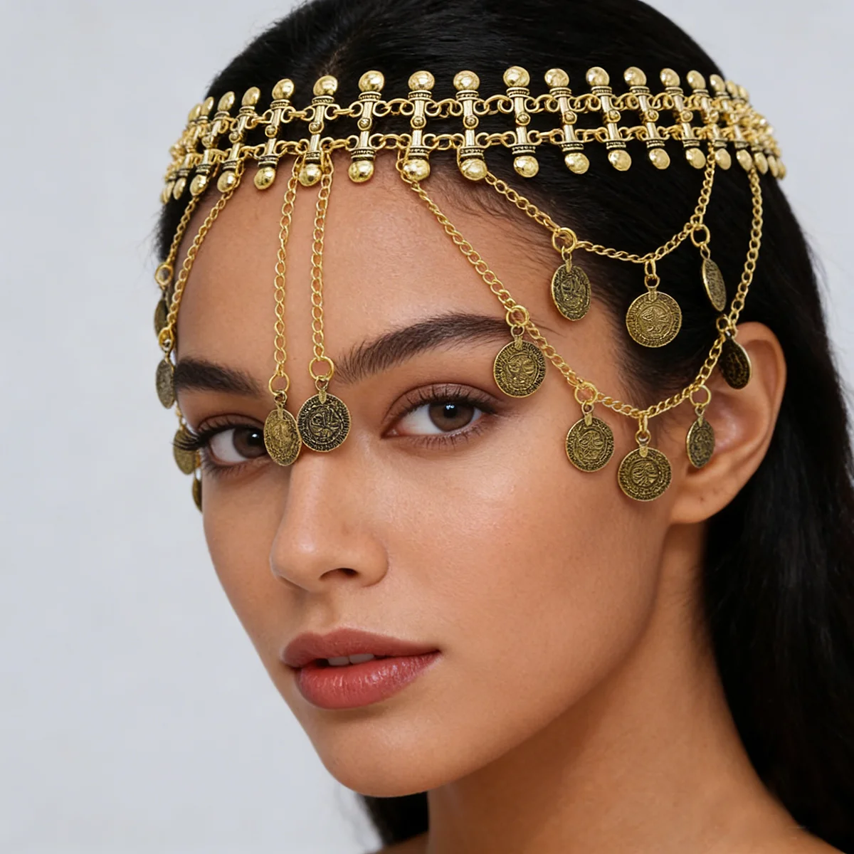 Maang Tikka mujeres monedas de plata bola borla danza del vientre cabeza cadena disfraz gitano Turquía joyería