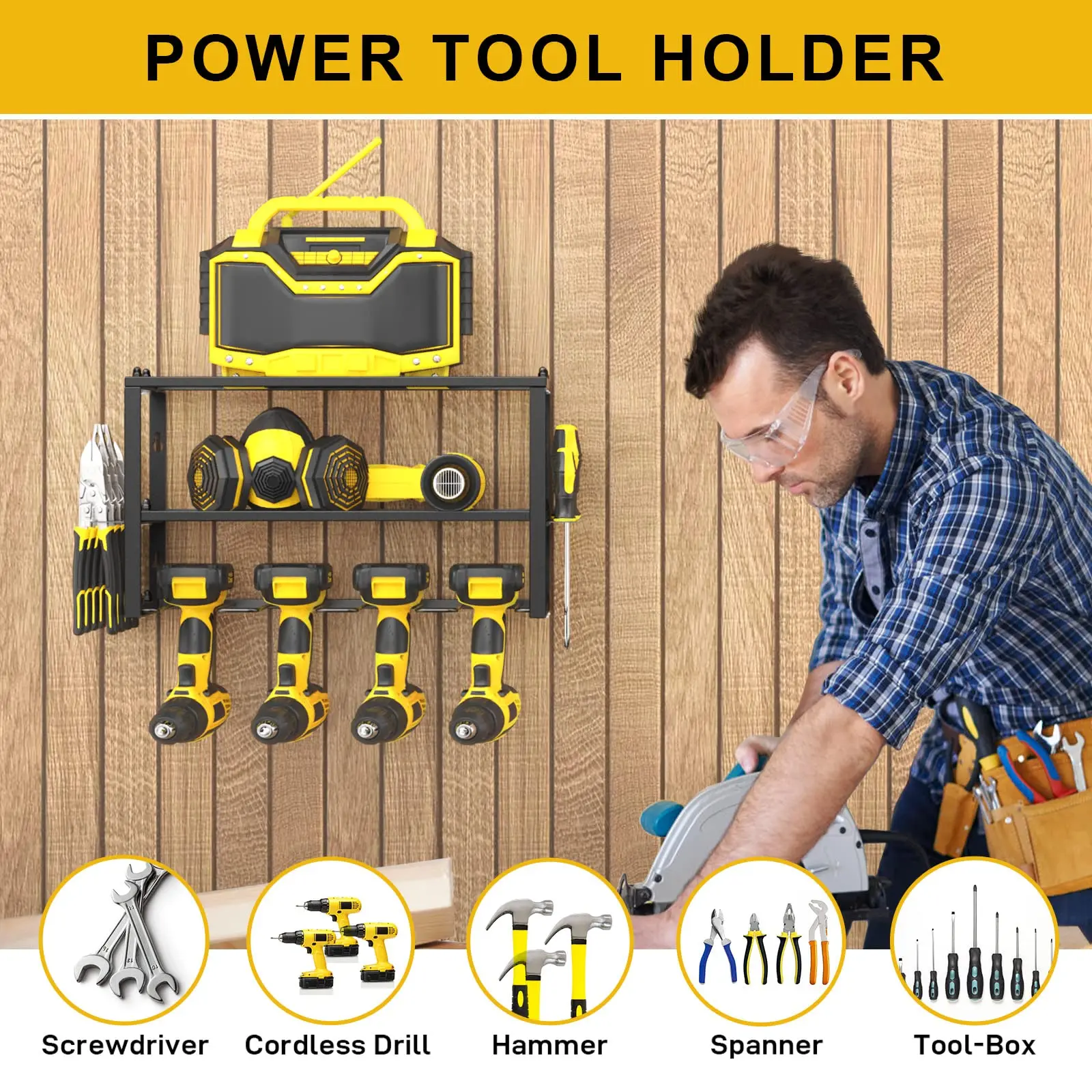 Power Tool Organizer-Power Drill Tool Holder- Heavy Shelf-Floating Tool Shelf Wall Mounted Tool Storage Rack for 4 Drill Holders