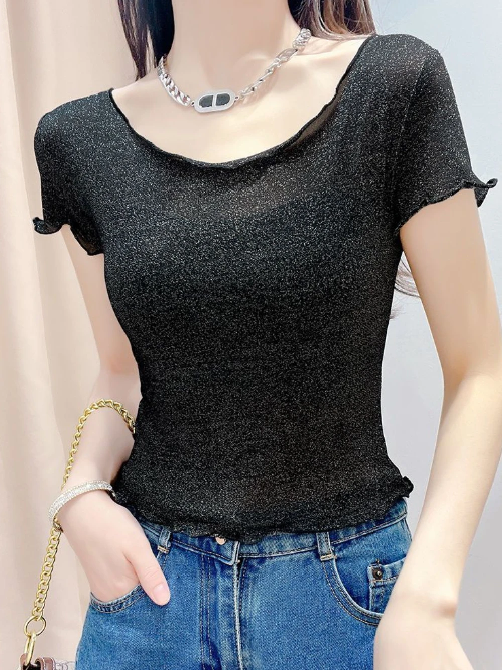 أزياء كوريا 90s عادي الصيف الزي ضئيلة شبكة المرأة تي شيرتات قصيرة الاكمام الكورية مراجعات العديد من الملابس بيع أنيقة أعلى الإناث