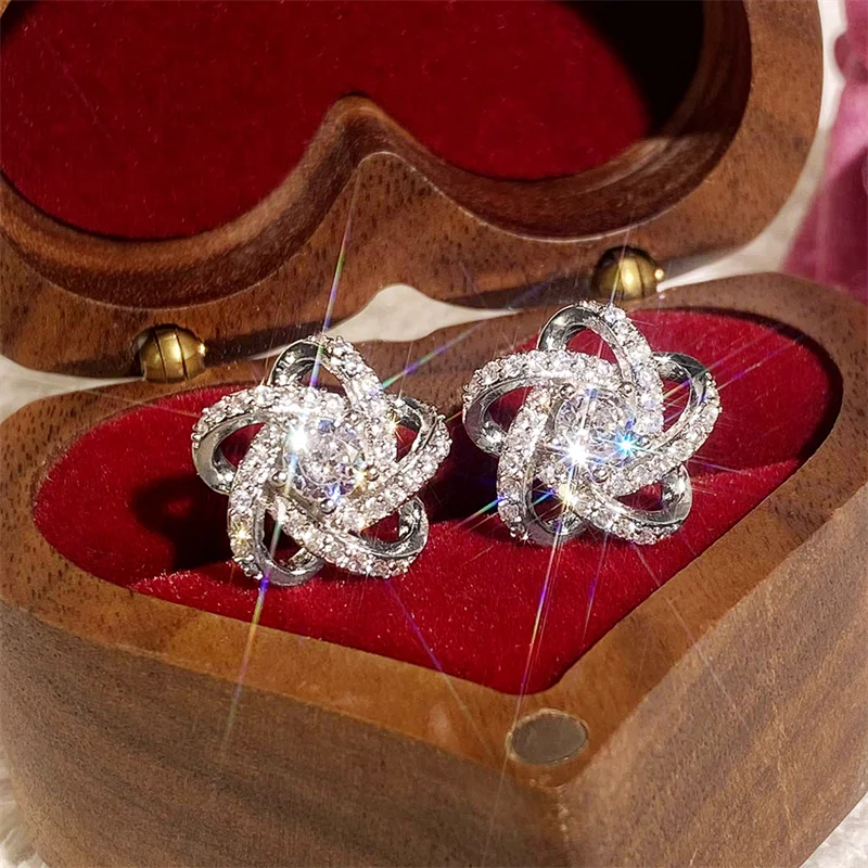 Huitan Flower Shape Stud Earrings Silver Color Trendy Luxury Women Ear Piercing Earrings Fancy Daily Wear Accessory Chic Jewelry