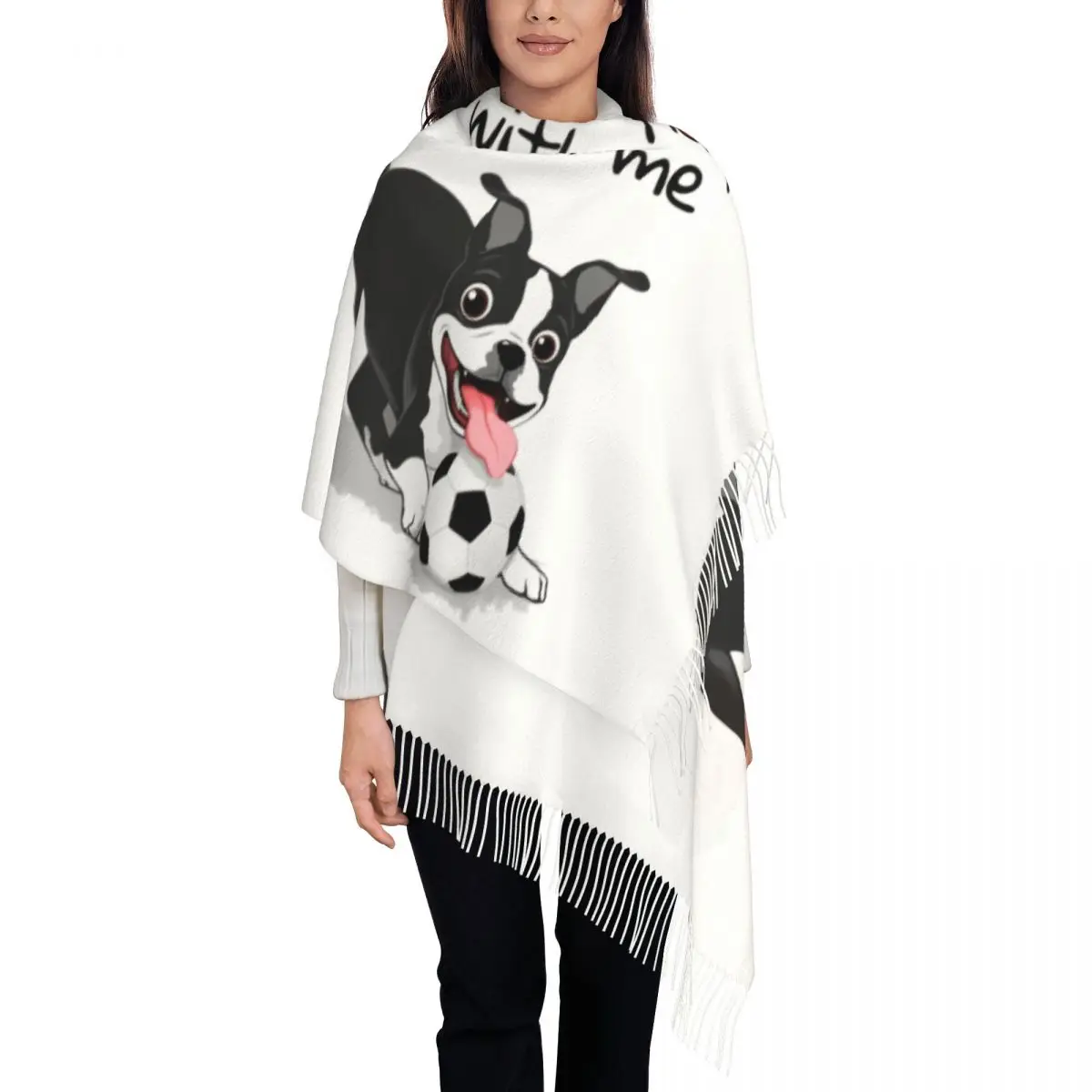 Boston Terrier Come Play With Me Scarf Wrap for Women Long Winter Warm Tassel Shawl Unisex Cartoon Dog Pattern Scarves