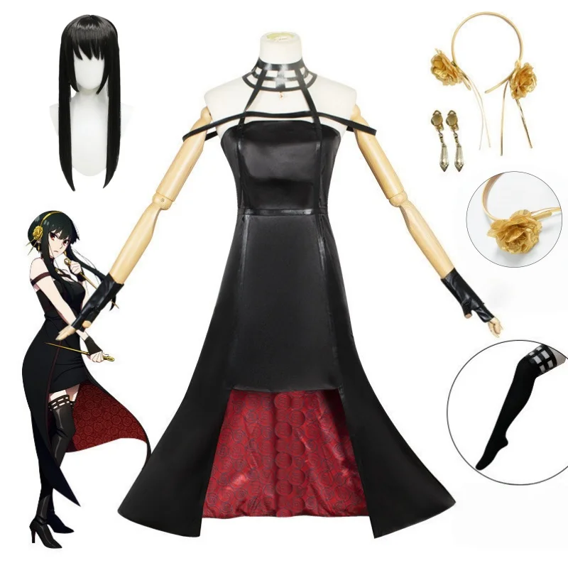 

Anime Yor Forger Cosplay costume Headband Elastic Thigh Stockings Tights Highs Earrings Yor Forger dress full set for Comic Con