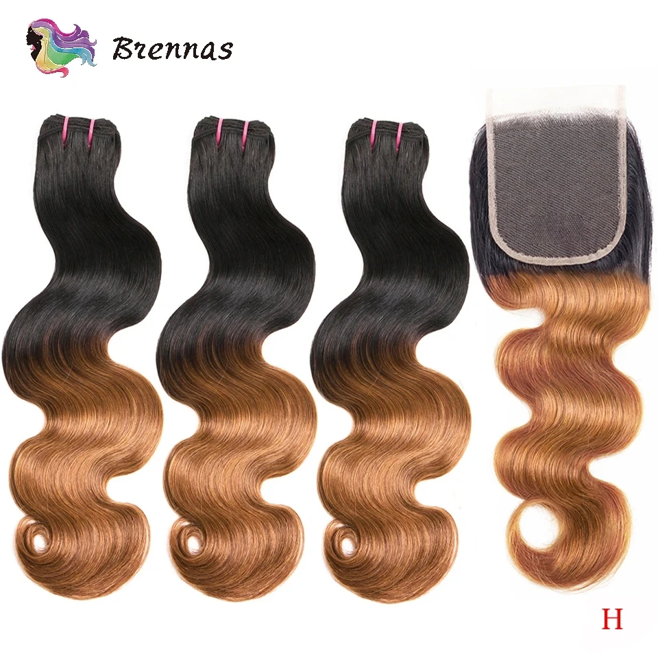 Double Drawn Body Wave Human Hair Bundles With Closure 1b 27 Ombre Brazilian Body Wave 3 Bundles With 4x4 Lace Closure For Women