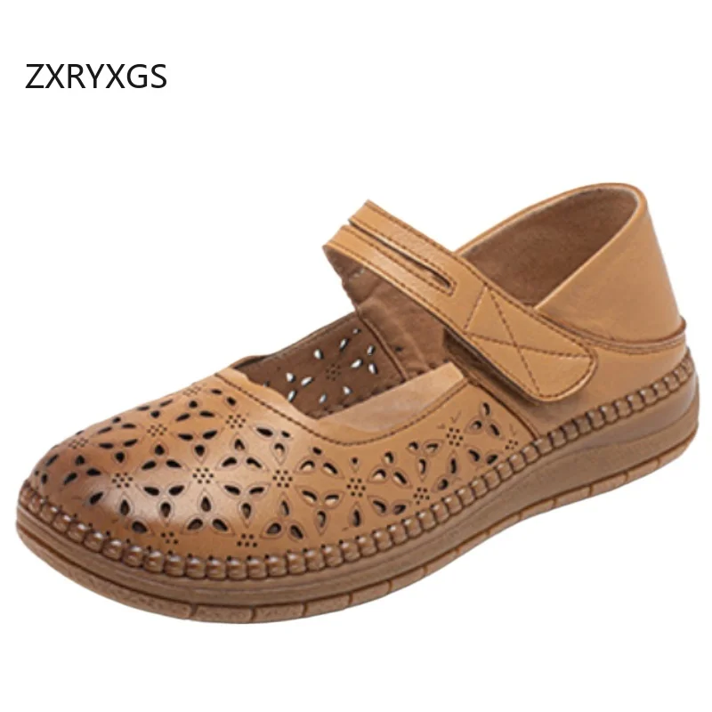 ZXRYXGS Promotion Genuine Leather Hole Hole Shoes Women Breathable Flats 2026 New Spring Summer Sandals Mother Flat Shoes Tide