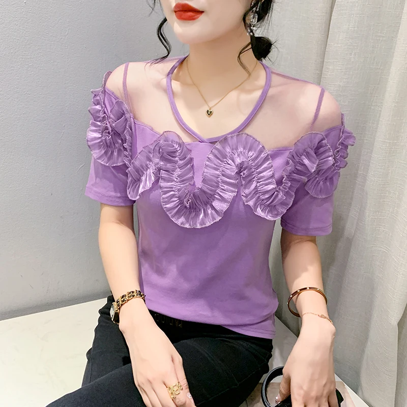 2023 New Summer Ruffles Clothes T-Shirt Women Chic Sexy O-Neck Patchwork Three-dimensional Flower Tops Short Sleeve Tees 34303