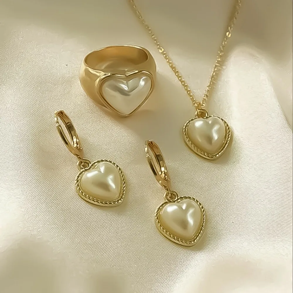 Conjunto de 3 piezas de joyería de perlas para mujer, juego de pendientes de aro de amor de oro/plata popular, COLLAR COLGANTE