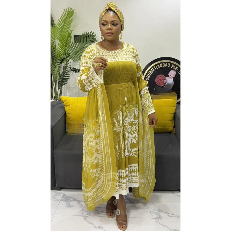 

1 Piece Plus Size Women's Dress Miyaki Pleated Pleated Printed Bat Sleeves Round Neck Long Skirt