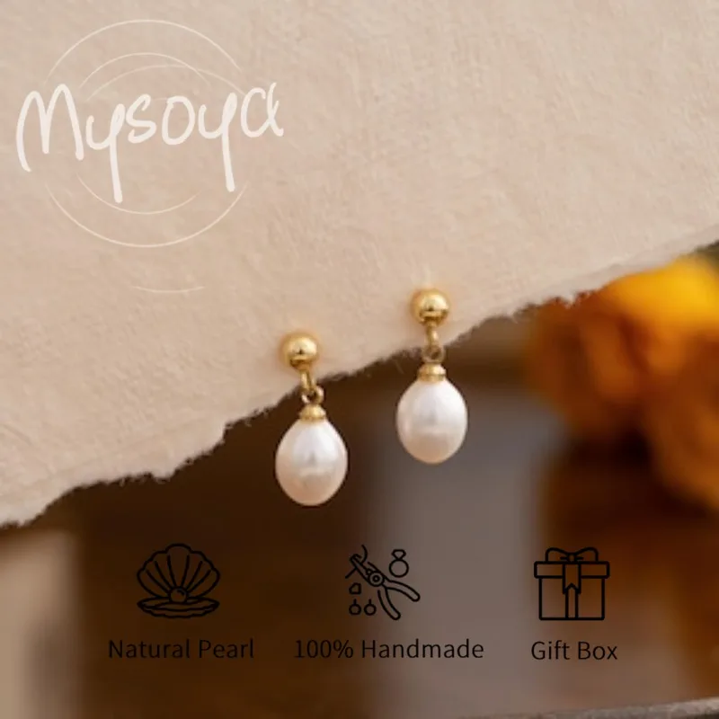 

MYSOYA White Rice-shaped Freshwater Pearl Earrings 7-8mm With A Gift Box For Her/Him Birthday/Wedding/Christmas/New Year Gift