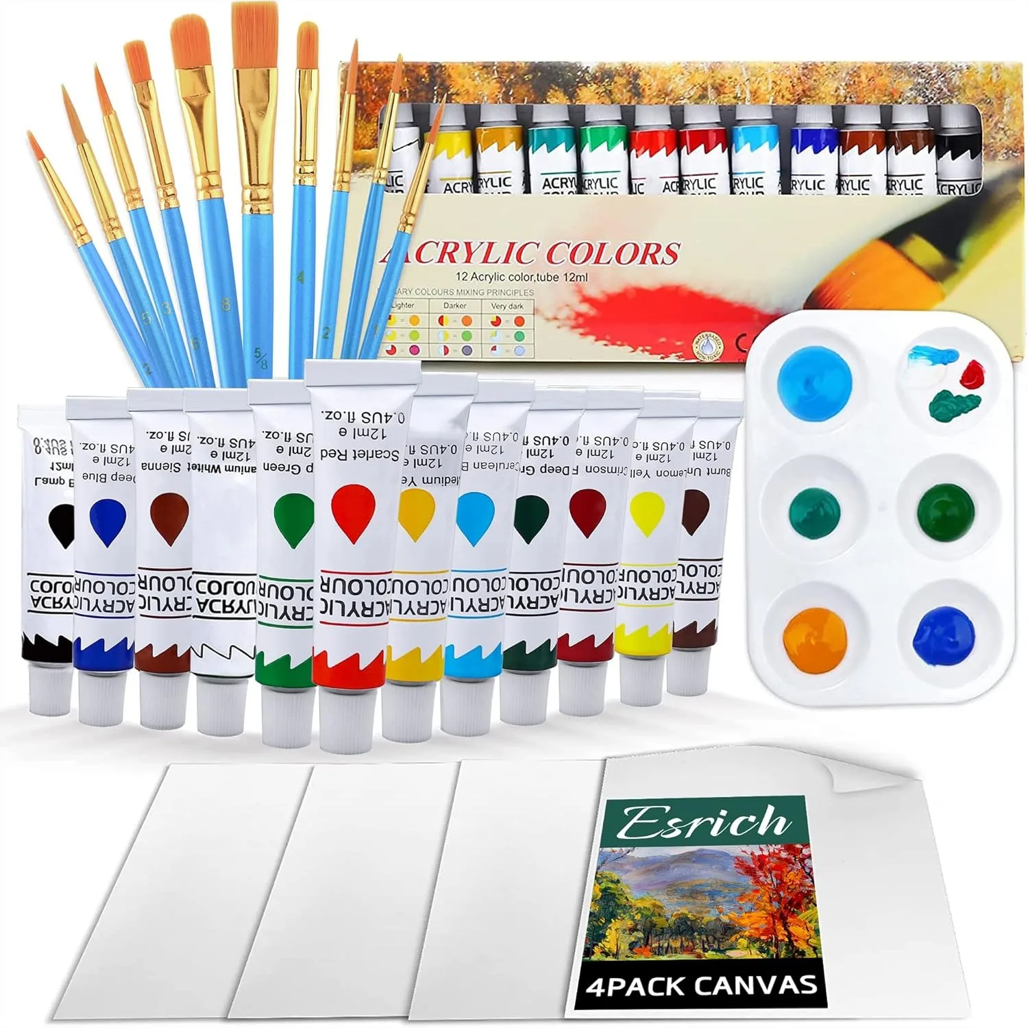 

Acrylic Paint Set with 10 Brushes 12 Colors 12ml Paint Palette and 4 Canvases for Artists Beginners Art Supplies