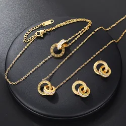 Titanium Steel Double Ring Roman Digital Zircon Pendant Necklace Earrings Bracelet Jewelry Set