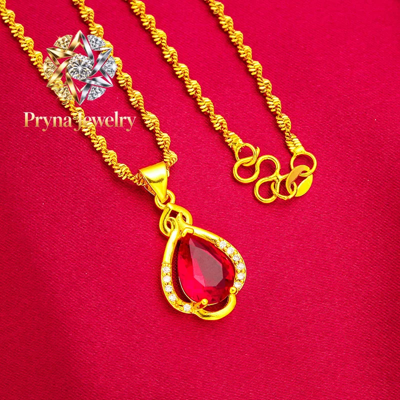 

Pryna Jewelry 24K Gold Red Drop Necklace AU999 Pure Gold, warm gold chain paired with natural ruby drop, simple yet elegant for