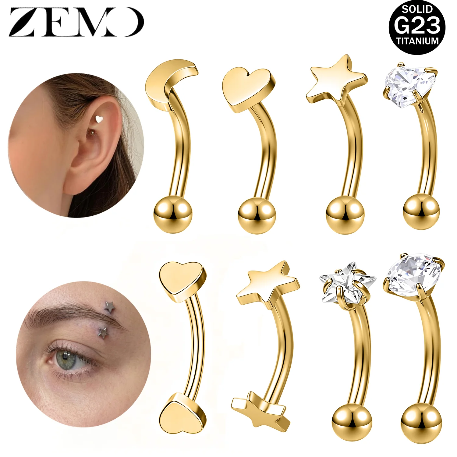 ZEMO 1 Stück 16G ASTM F136 Titan Augenbrauenring Gebogener Barbell-Ohrstecker mit Innengewinde Bridge Piercing Stern Zirkon Ohrring Schmuck