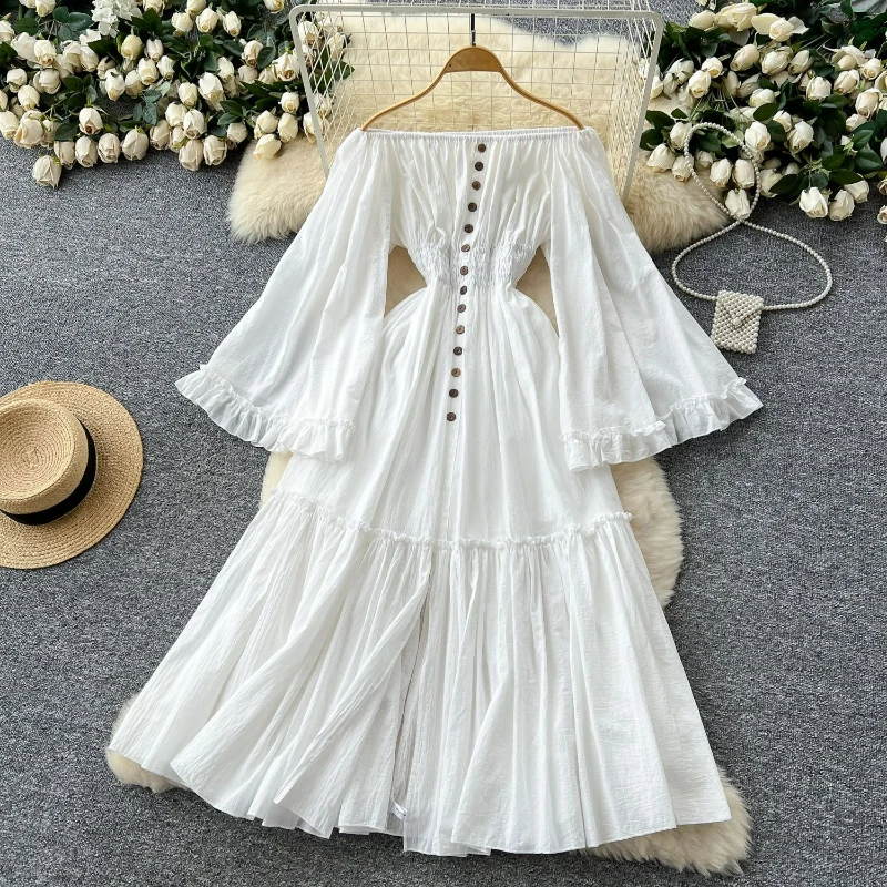 

White Slash Neck Dress Women Flare Sleeve Elatic Waist Long Dresses Button A Line Vestidos Elegant Folds Basis Y2k Wedding