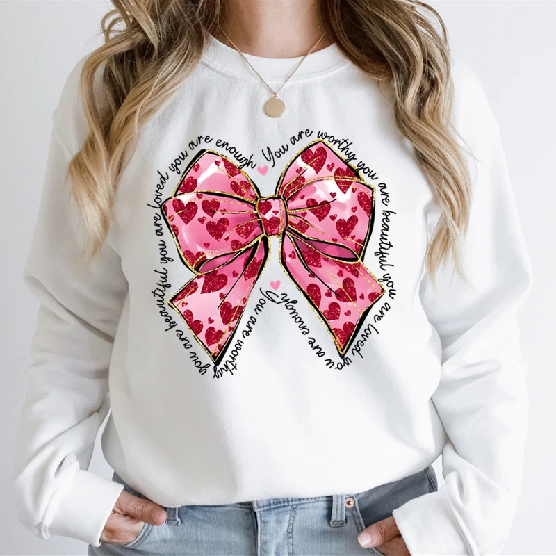 Valentine Glitter Bow Heart Sweatshirt Women You Are Loved Letter Print Fashion Hoodies Pink Valentine Heart Gift Sweatshirts