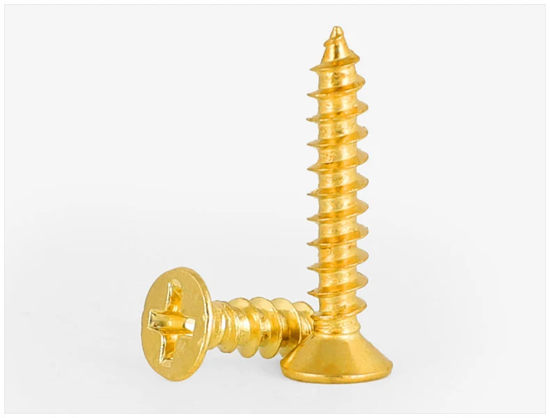 Goldener Waschbeckenkopf, Kreuzschlitz, flache selbstschneidende Schrauben, metrisches Gewinde, Messing, goldene Schrauben, Holzbrett, Faserplatte, Spanplattenmöbel – Detail 6