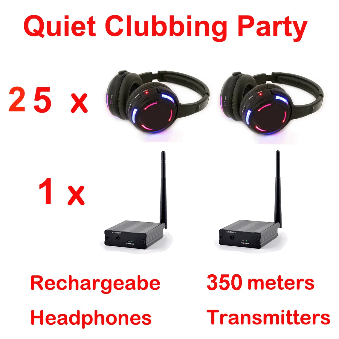 Silent Disco Wireless Headphones for Parties (25 LED Wireless Headsets Bundle with 1 Pcs Transmitters 500m Distance)