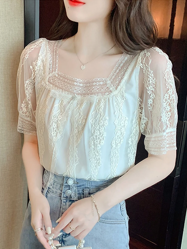 Blusas Mujer De Moda 2024 Verano Elegantes Short Sleeve Blouse Women Apricot Hollow Lace Blouse Shirt Women Tops Blouses B665