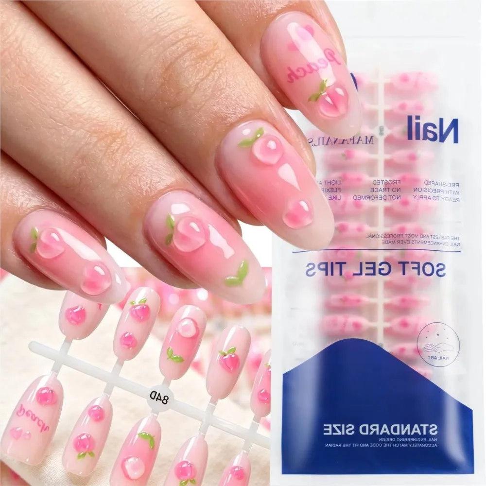 150Pcs Cute Fruit Medium Almond Oval Press On Nails Pink Cherry Design False Nails Full Cover Sweet Fake Nails Women Daily Wear