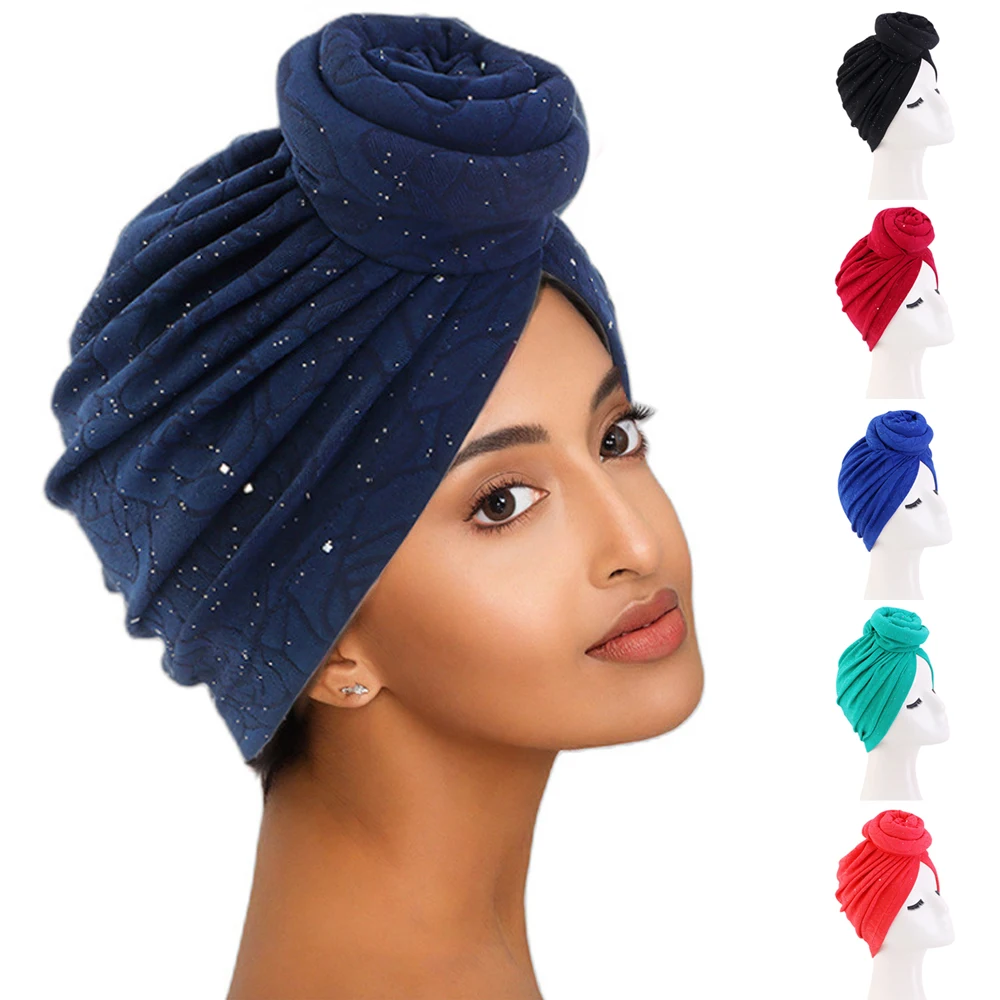 

New Shimmer Flower Turban Women Muslim Pleated Hijab Beanies Bonnet Cancer Chemo Cap Hair Loss Head Wrap Headwear Turbante Mujer