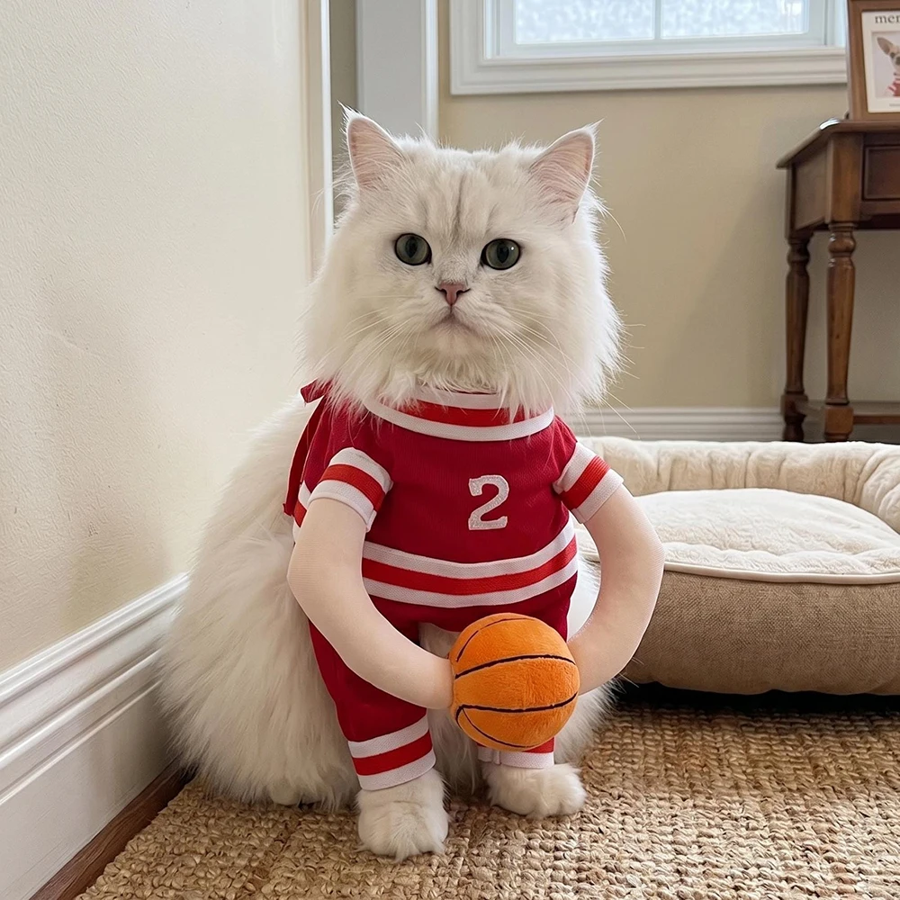 Pet Basketball Player Costume for Dogs & Cats Cute Kitten Sport Clothes with 3D Ball Breathable Adjustable Halloween Cat Outfits