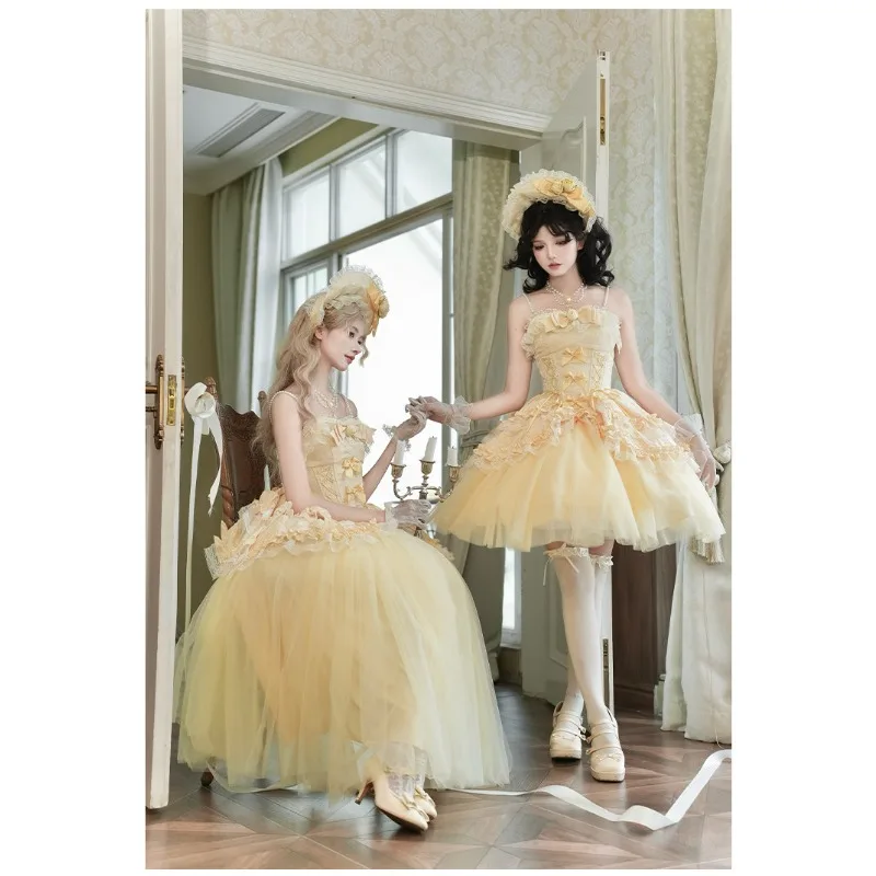 

Princess Lolita Yellow Slash Neck Girl Party Elegant Evening Dress Sweet Summer High Waist A-line Fairy Suspender Birthday Dress