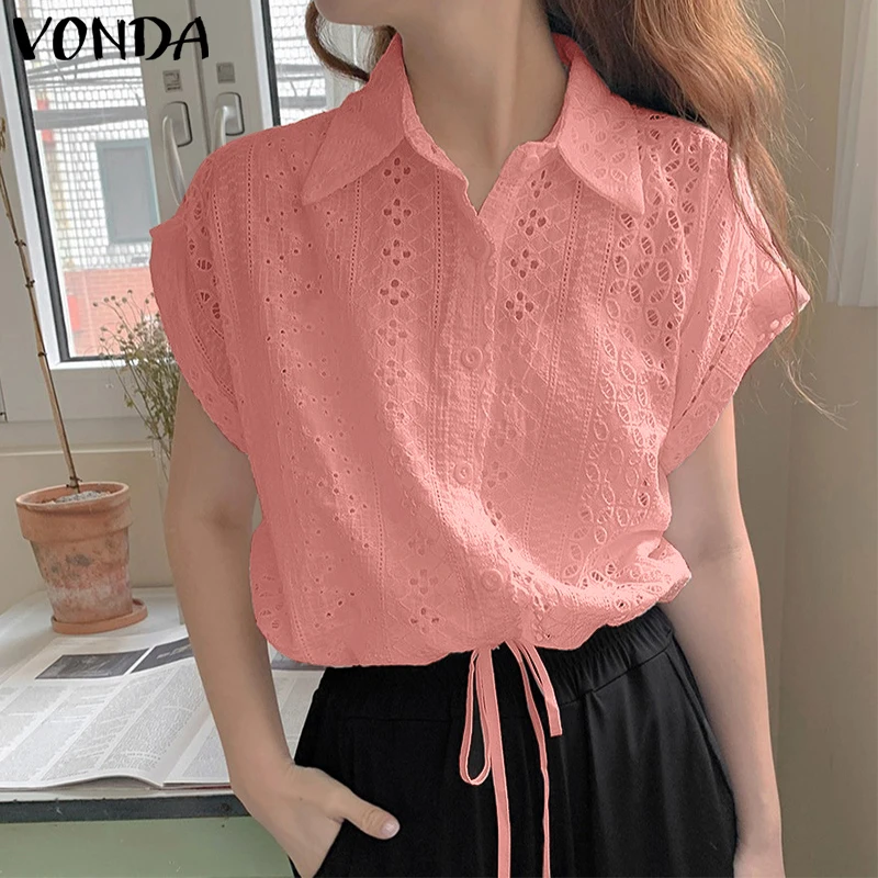 VONDA ファッション ホワイトシャツ 2025 夏 レディース ブラウス 襟付き 半袖 レース エレガント オフィスレディー トップス カジュアル ルーズ ブラウス 女性用