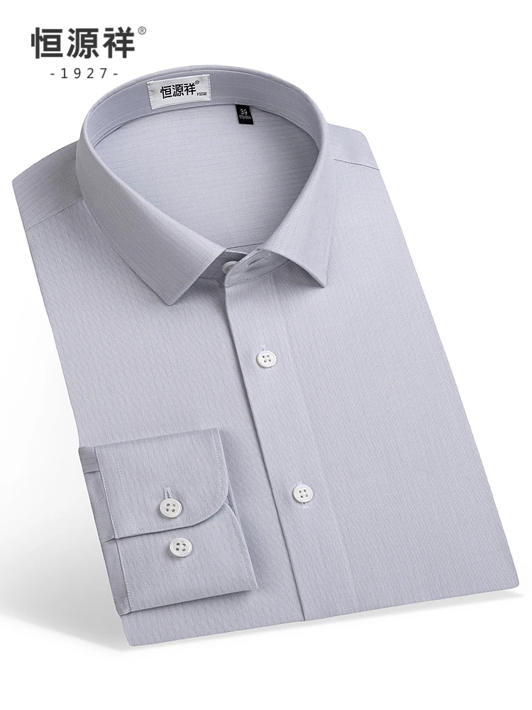 Long Sleeve Men's Shirt Standard Fit Pure Color Square Collar Silk Blend Iron Free Shirt by Hengyuanxiang for Spring Autumn