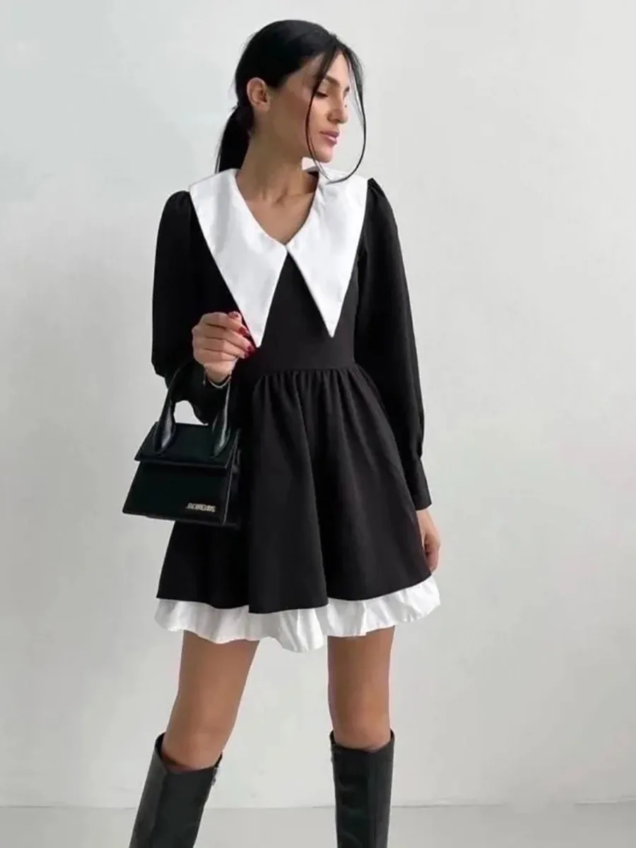 Women's Back To School Fashion Trendy Black Doll Collar Slim Waist Dress Audrey Hepburn Style Little Black Dress Skirt