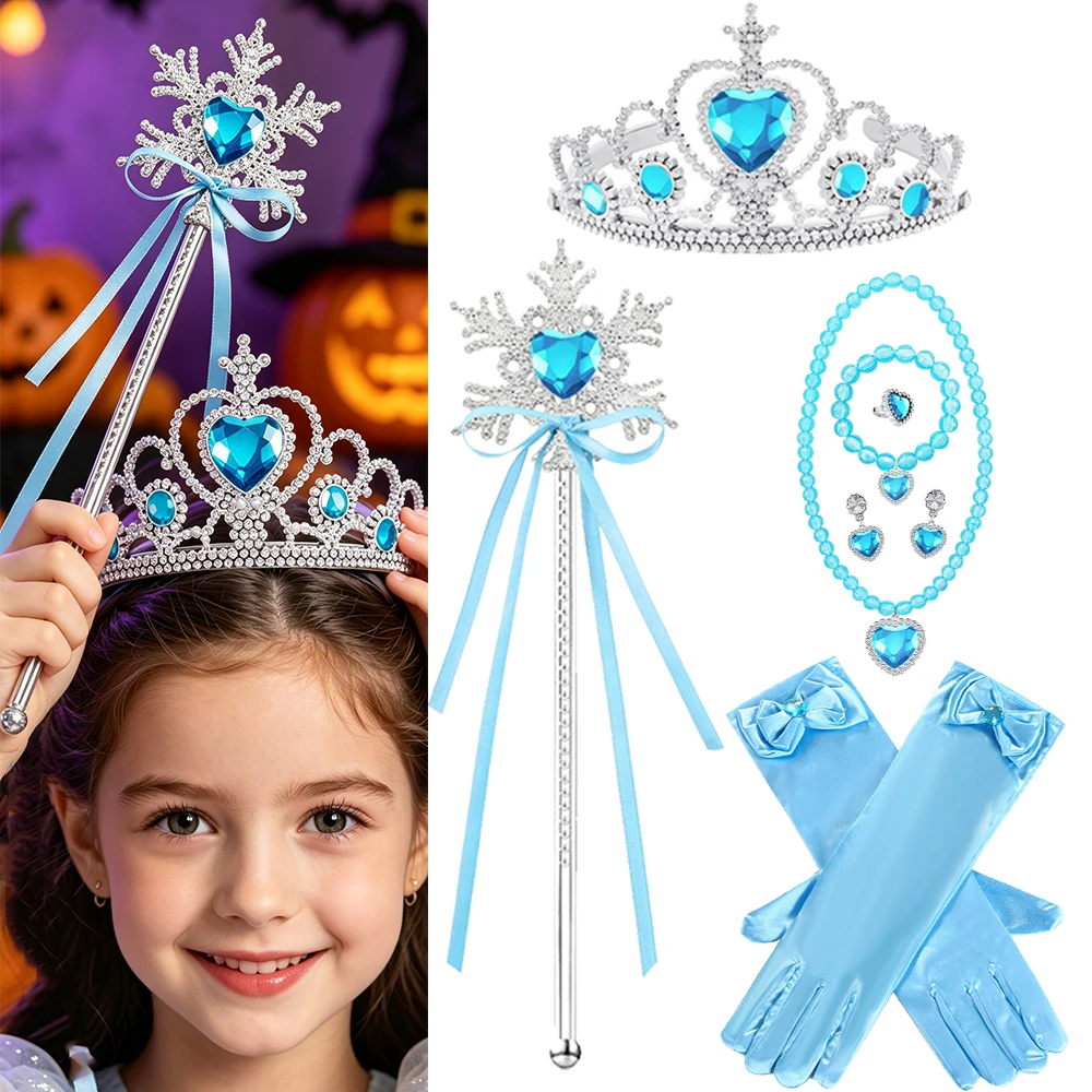 Blue Princess Dress Up Accessories Set for Girls Silver Crown Tiara Wand Gloves Jewelry for Birthday Party Halloween Costume