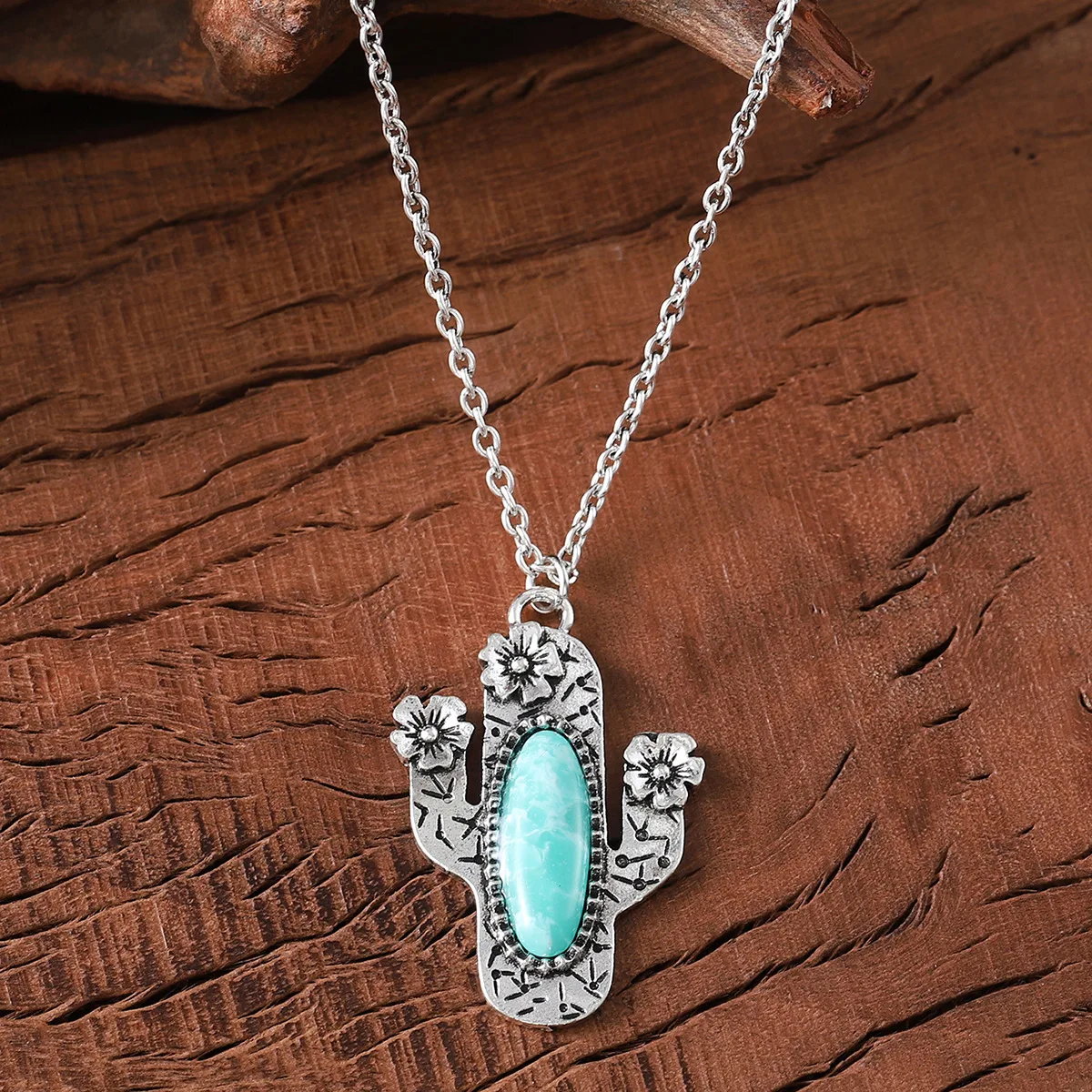 3.8*2.5cmWestern Saguaro Cactus Pendant Necklace for Women Turquoise Saguaro TURQUOISE CACTUS SILVERTONE NECKLACE Bohemian Style image 2