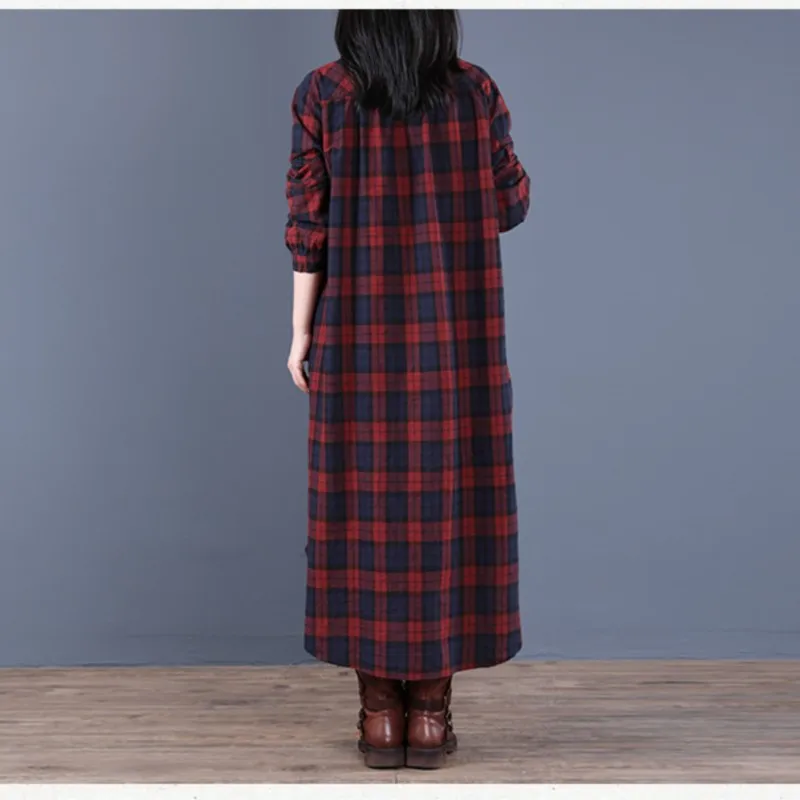 Frühling Und Herbst Neue frauen Mode Lose Spleißen Plaid Kragen Taste Langarm Kleid Medium Länge Hemd Maxi Kleider 2026