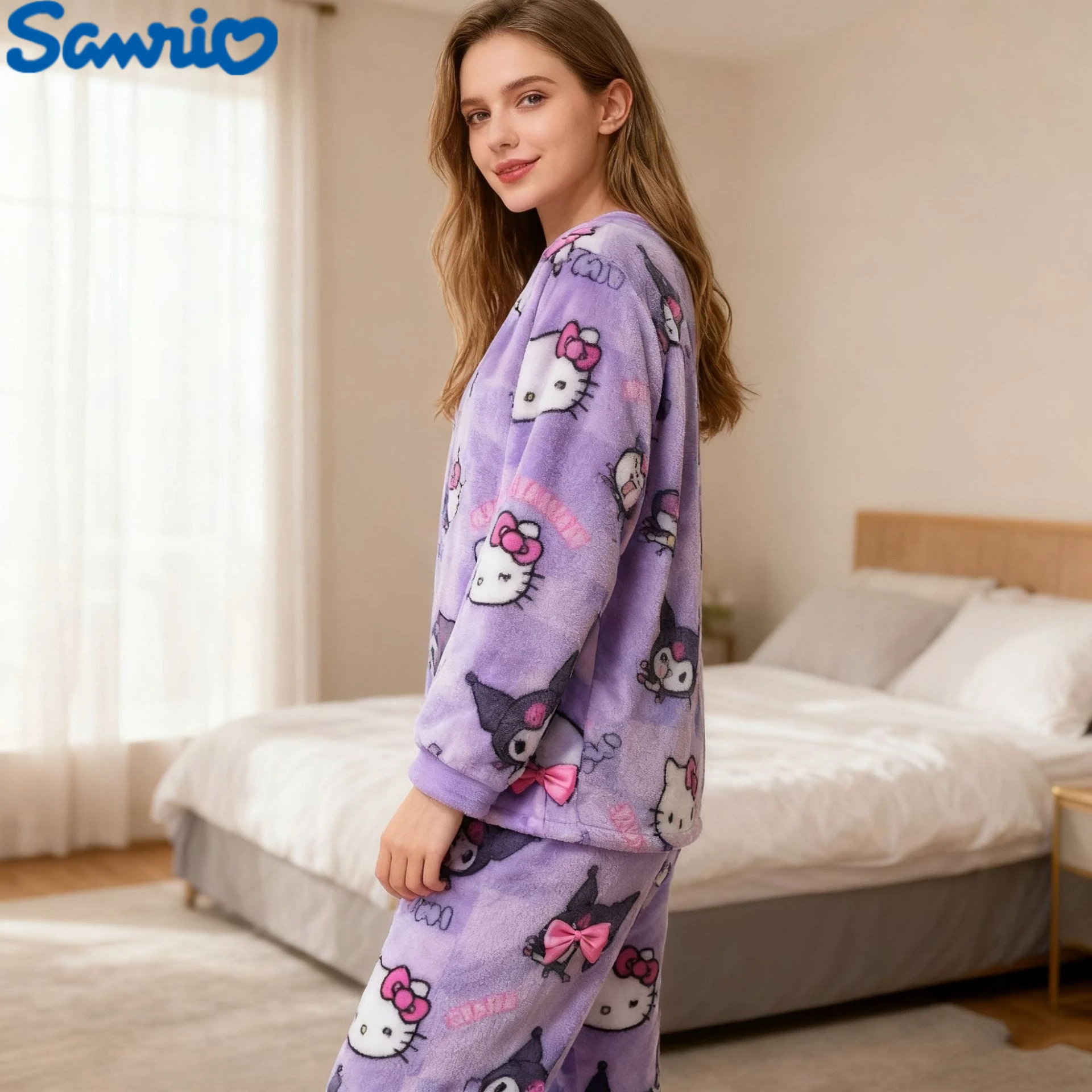 

Sanrio Kuromi фланелевая пижама, костюм фиолетового цвета, женские теплые шерстяные повседневные домашние брюки с героями мультфильмов, осенне-зимняя мода, кавайный подарок
