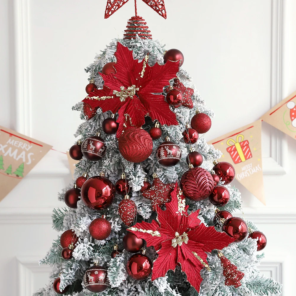 

46pcs 21cm Christmas Hanging Ball Ornament Burgundy Red Champagne Green Ball Christmas Flower New Year Home Xmas Tree Decor 2025