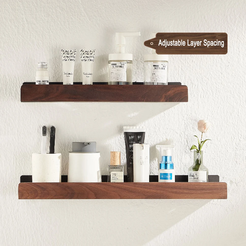 Floating Shelves Black Walnut & Space Aluminum Storage Rack Adjustable Layer Drainage Holes for Bathroom Kitchen Living Room