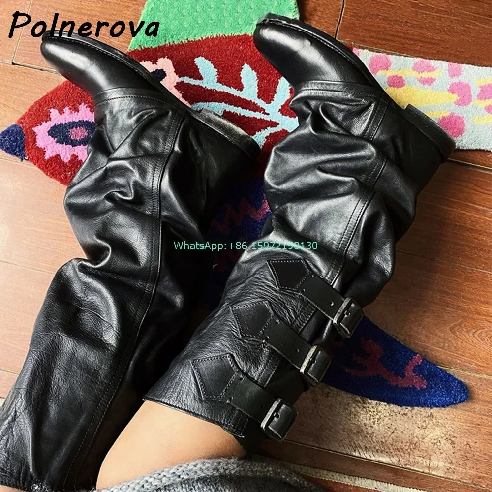 Soft Leather Pleated Knee High Boots Buckle Belt Round Toe Flat Solid Shoes Sexy Hotties Fashion Loose and Comfortable Shoes