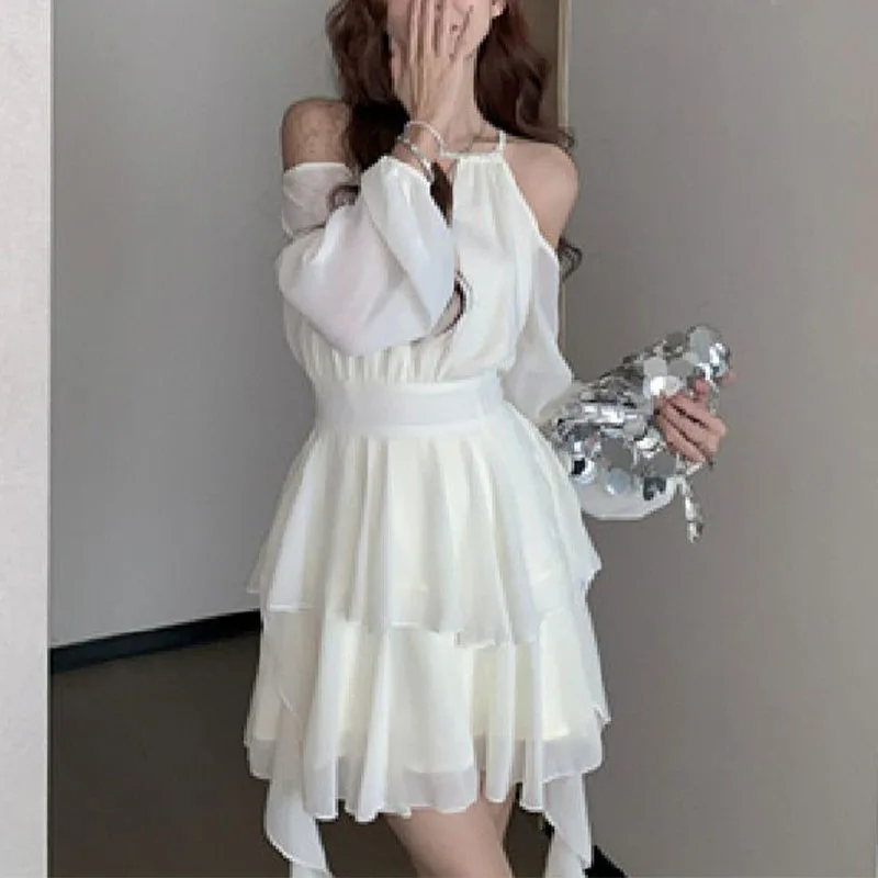 

Summer New Halter Off Shoulder Dress Women Patchwork Ruffles Round Neck Solid Luxury Style Fairy Waist Closing Dresses 2024