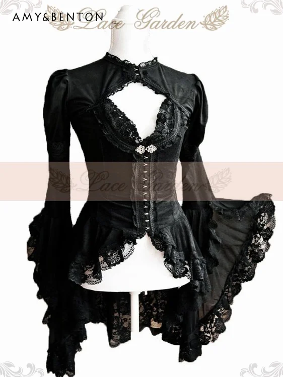 Lace Garde Dark Gothic Black Slim-Fit Top Women Elegant Court Style Temperament Heavy Industry Lace Horn Long Sleeve Jacket Y2K