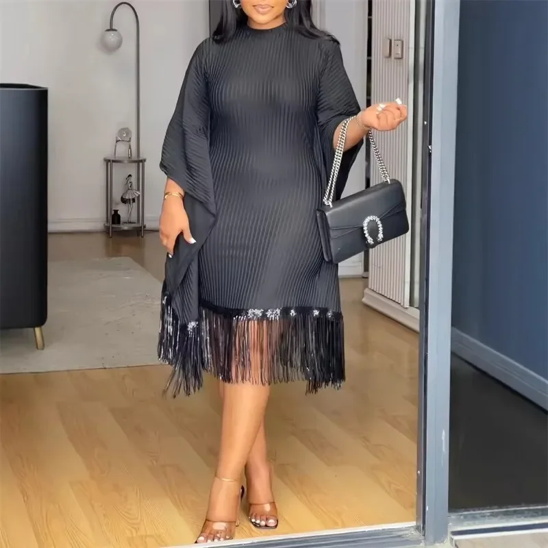 Vintage elegante moda fiesta Midi Vestidos mujeres noche club nocturno manga de murciélago lentejuelas dobladillo con borlas vestido ajustado para graduación Vestidos